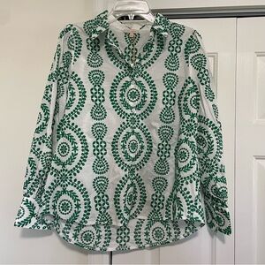 Skies Are Blue White Green Embroidered Button Down Blouse Size Small, NWT
